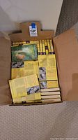 Box filled with yellow-spined Nancy Drew hardcover books arranged in rows