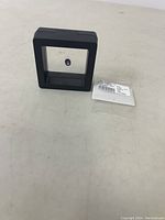 Photo showing the oval purple sapphire stone in a black protective case and the accompanying label.