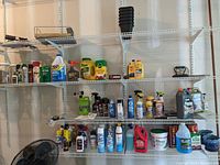 Shelf with various household and automotive cleaning products including sprays, protectants, antifreeze, and insecticides.