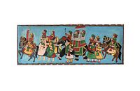 Front view of the oil painting showing a Mughal style procession with multiple figures on horses and foot, detailed and colorful on blue background.