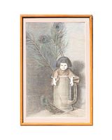 Framed pastel drawing showing a Japanese doll with peacock feathers, in browns, greys, blues and greens, housed in a light wooden frame.