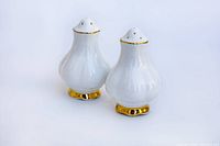 Pair of white porcelain salt and pepper shakers with gold trim on rims and base, viewed at a slight angle showing shape and holes on top.