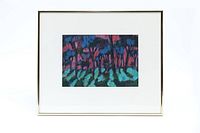 Frontal photo of the framed oil pastel landscape by Lupe Rodrigues showing the colorful trees and shadowed forest scene.