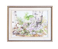 Full view of the small framed oil painting depicting wild flowers and birch trees signed by S. Hudson.