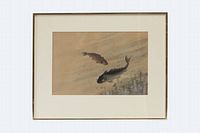 Framed watercolour painting showing two fish swimming, signature and stamp visible near bottom.
