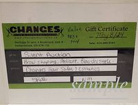 Photo of a printed gift certificate from Changes Hair & Esthetics Salon listing services of brow shaping, pedicure, blow dry and style with a value of $103 plus tax dated May 8, 2024.