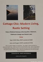Printed flyer titled “Cottage Chic: Modern Living, Rustic Setting” showing weekend rates, cottage overview and donor name.