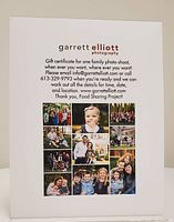 Front of gift certificate for Garrett Elliott Photography showing offer and sample photos.