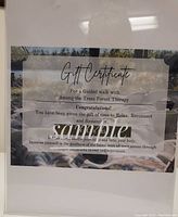 Framed gift certificate for a guided Forest Therapy walk by Among the Trees with a nature background image and text describing the experience and value.