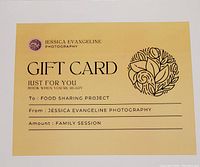 Photo of a yellow gift card from Jessica Evangeline Photography with floral design, indicating a family session photography gift.