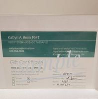 Photo of a gift certificate for a 60 minute registered massage therapy treatment by Kaitlyn A. Benn, RMT at Napanee Family First Chiropractic.