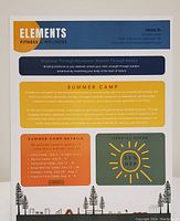 Photo of a printed flyer from Elements Fitness and Wellness outlining summer camp details and a 25% off special offer for one camper aged 4-12 in the 2024 season.