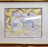 Framed watercolour artwork showing pastel roses and leaves titled Roses Tanglewood 2006 by artist Wayne Williams.