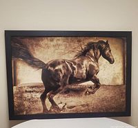 Photo shows a framed picture of a wild horse in motion, measuring approximately 39" by 27" with a black frame.
