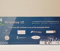Photo of the $50 Woolen Mill gift certificate showing participating businesses and Response I.T. branding.