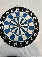 Front side of the reversible board showing the blue and white dartboard with black outer ring and numbers 1-20 around the edge, red bullseye in center.