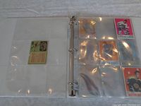 Binder open showing front and back of hockey cards in protective plastic sleeves, multiple NHL players visible.