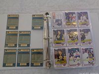 View of nine-pocket plastic binder page with 1981-82 O-Pee-Chee Boston Bruins hockey cards visible from front and backs of cards protected in sleeves.