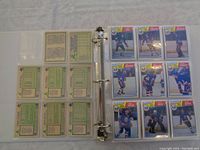 Binder open showing multiple card backs on left page and full-color card fronts on right page across nine pockets