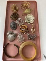 Tray showing all brooches, pins, and two cuff bracelets arranged on a plastic tray, displaying diverse styles and colors including metallic finishes and rhinestones.
