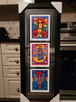 Full vertical shot of the professionally framed artwork showing three distinct colorful Thunderbird-themed prints by Karl Burrows.