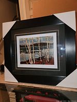 Front view of the framed Tom Thomson print showing the full artwork with the black frame and protective corners.