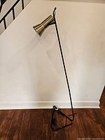 Full lamp view showing black tubular metal frame with triangular base and brass shade at top.