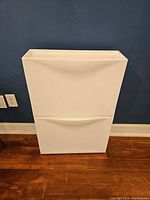 Front view of the white plastic shoe cabinet with two compartments and curved handles.