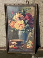 Framed floral artwork showing peonies and a decorative bowl on a table, total size 10 x 17 inches, condition good