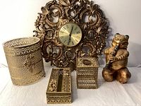 Full set shown with clock, waste basket, Kleenex box holders and frog figurine