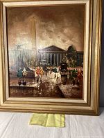 Full view of framed painting showing Paris cityscape and people