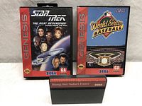 Front view of two Sega Genesis game cases: Star Trek: The Next Generation and World Series Baseball, with one cartridge labeled "Hang On/Safari Hunt" placed in front.