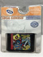 Sega Genesis Spider-Man X-Men game cartridge in original sealed clamshell packaging with Sega Genesis cardboard header and price sticker.