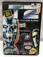 Front cover of T2: The Arcade Game Sega Genesis cartridge case showing artwork and title.
