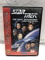 Front view of Sega Genesis Star Trek: The Next Generation game case with cover art showing characters and ship.