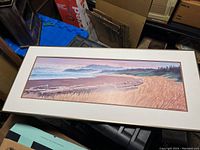 Top-down view of framed panoramic watercolor print showing entire artwork and frame