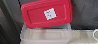 Photo showing clear plastic Sterilite storage container with red lid resting against a wall.