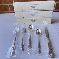 Photo showing forks, tablespoons, teaspoon, and knife in original plastic sleeves with three Rogers Silverplate boxes behind them.