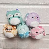 Five Squishmallow Squishville mini plush toys stacked against wall