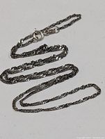 Photo showing full length of silver rope chain necklace with clasp visible.