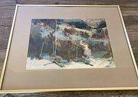 Framed watercolour painting showing an abstract winding road scene in muted colors.