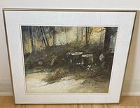 Frontal image of original D.C. Armstrong watercolour showing woodland landscape with tree stumps in muted tones framed under glass.