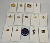 Overview of the 14 assorted collectible pins mounted on white cards, featuring various designs including Spider-Man and McDonald’s themed pins.