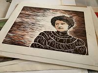 Woodcut portrait of a woman with Gibson Girl hair style in brown and black tones, attributed to CE Moule. The print is on white paper showing detailed lines and signed by the artist.