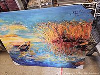 Large oil painting showing a boat near reeds and a sunset sky.