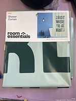 Photo of unopened Room Essentials PEVA shower curtain packaging showing modern geometric green and white design.
