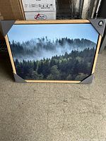 Canvas print showing forest treetops in mist, framed with wood and protected by corner covers, placed on concrete floor.