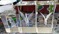 Three glass paperweights side by side with 3D laser etched animal designs: penguin, bird with open wings, and a flying bat