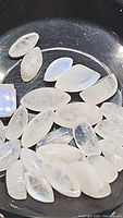 Close-up photo showing many polished rainbow moonstone gemstones with their typical white and blue flash appearance in a black tray.
