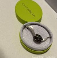 Top view of silver charm bead in Chamilia branded lime green round box with white cushioning.